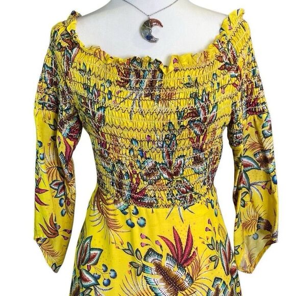 Farm Rio Anthropologie Bria Floral Smocked Off Shoulder Mini Dress Size L Boho - Picture 2 of 8